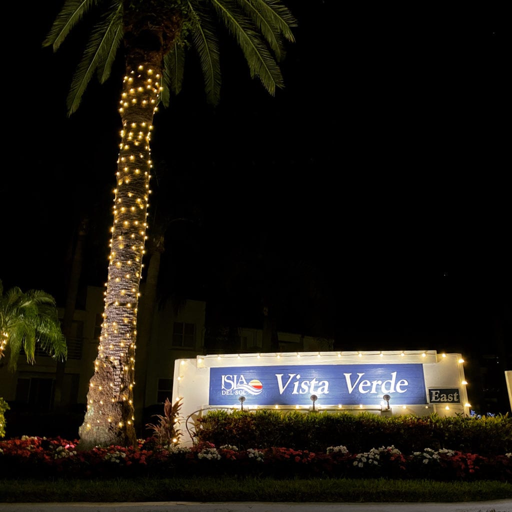 Vista Verde East entry at night – Bahia 155 vacation rental community