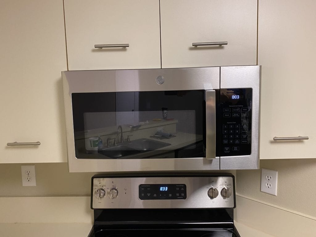 Over-the-stove microwave at Bahia 155 condo in Vista Verde East, St. Pete FL