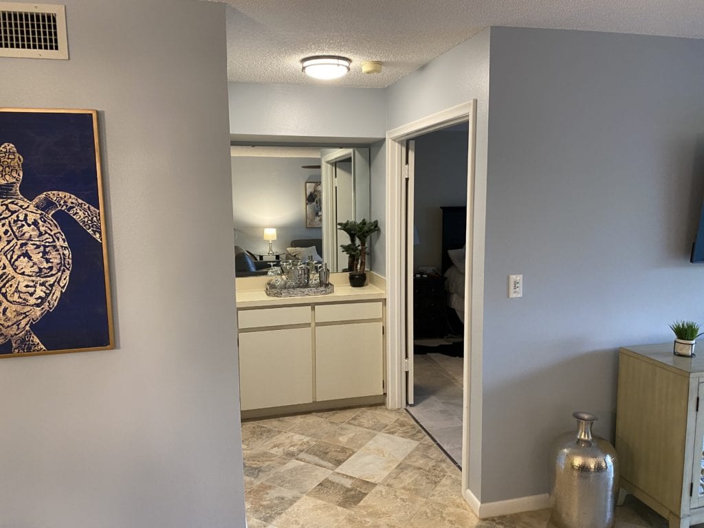 Dry bar area leading to master bedroom at Bahia 155 Isla del Sol condo