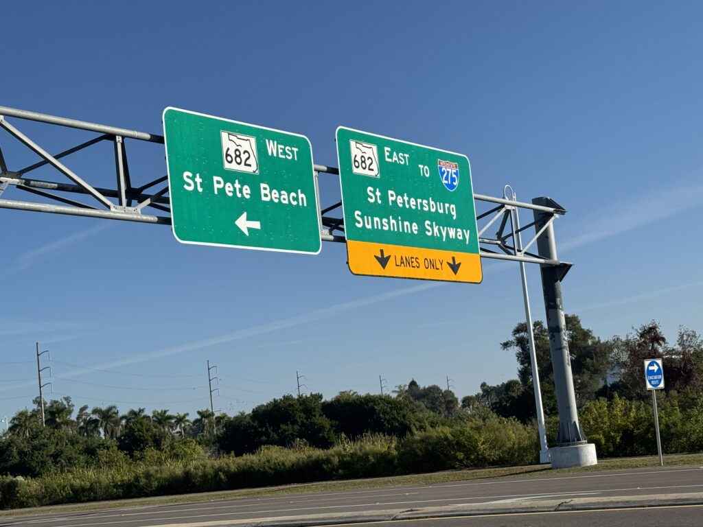 Highway signs for St. Pete Beach and Sunshine Skyway near Isla del Sol Florida